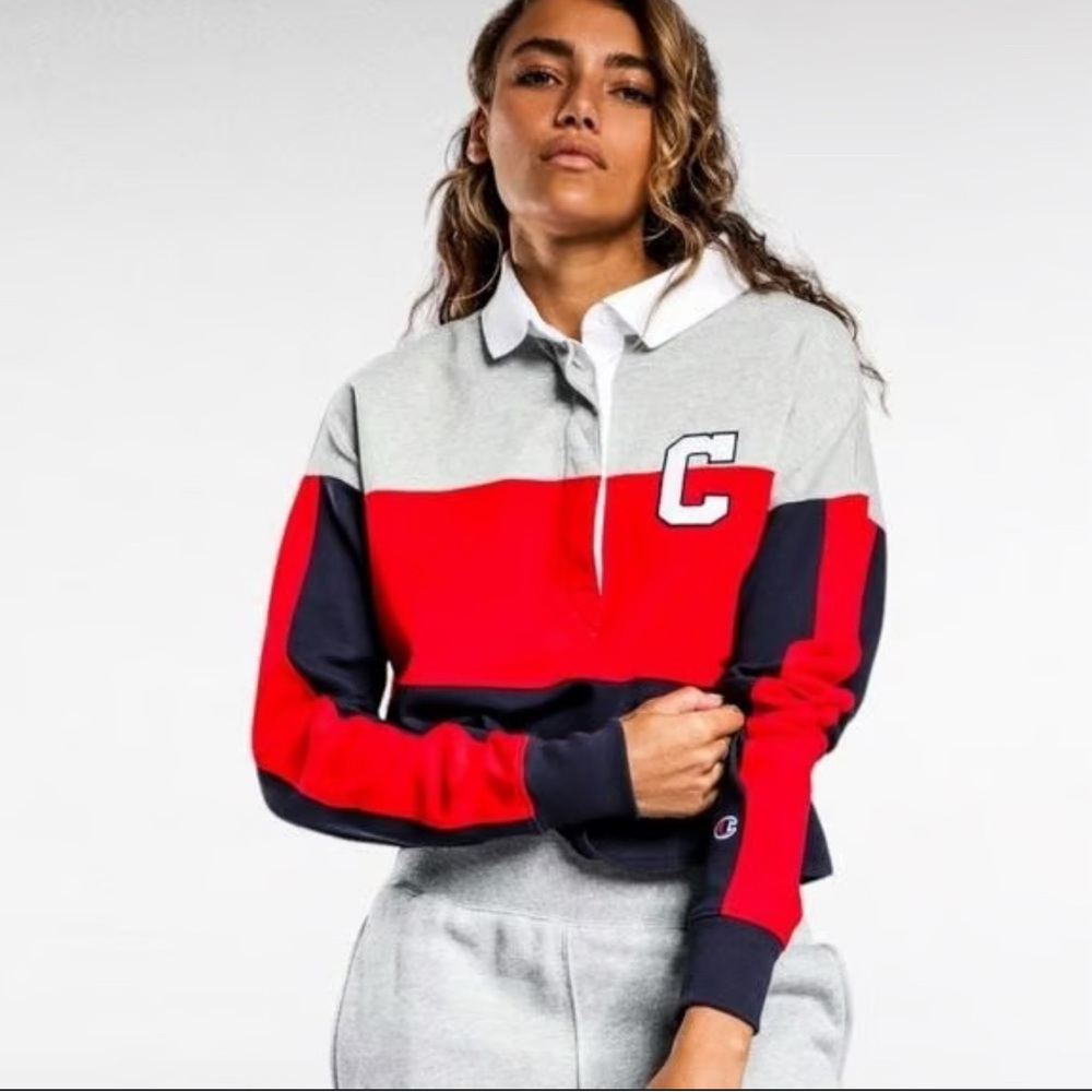 Champion Life Rugby Jersey Collared Cropped Tee Long Sleeve Polo Color Block S